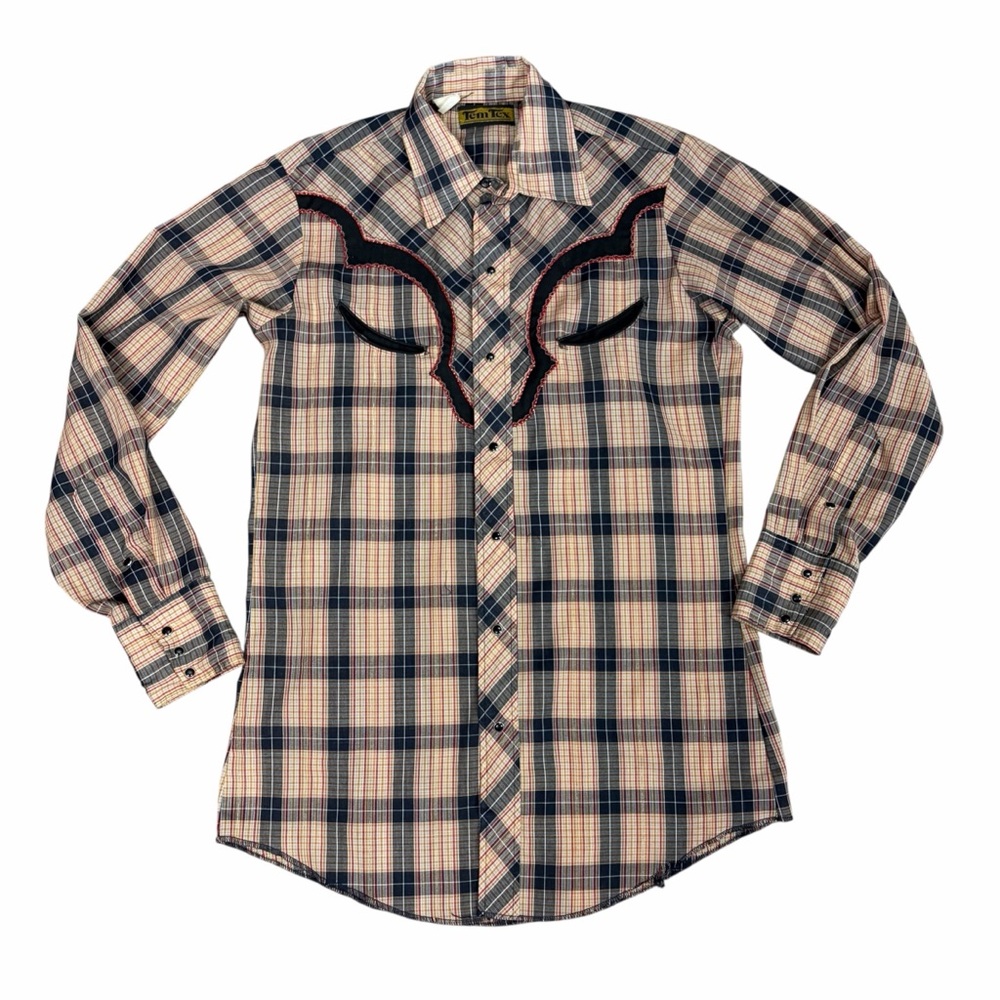 Vintage Tem Tex Mens Plaid Western Pearl Snap Shirt Smile Pockets Tan Small